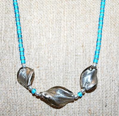 Triple "Molten Style" Acrylic Gray Stones NECKLACE with Blue Bead Chain and Barrel Style Clasp 18" L