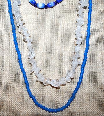 Collection of 3 Beaded NECKLACES 2 Blues (14" L + 34" L ) & 1 Clear "Rock Candy" Style (31" L)