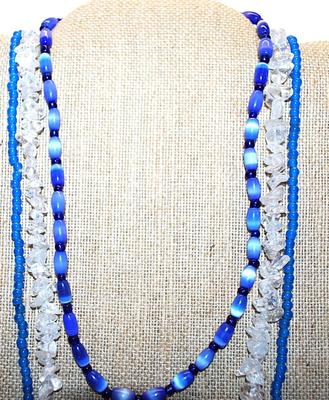 Collection of 3 Beaded NECKLACES 2 Blues (14" L + 34" L ) & 1 Clear "Rock Candy" Style (31" L)