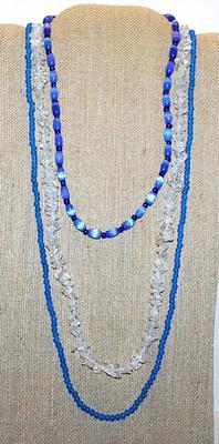 Collection of 3 Beaded NECKLACES 2 Blues (14" L + 34" L ) & 1 Clear "Rock Candy" Style (31" L)