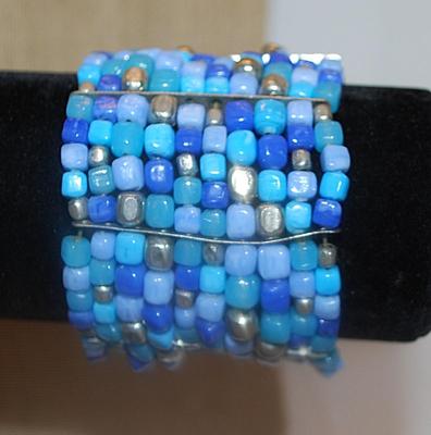 Heavily BLUE BEADED Elastic BRACELET (6"-7" Adj.) with 10 Rows of Assorted Beads & Metal Spacers