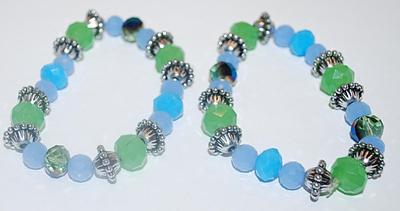 Matching Pair of Blue, Green & Iridescent Beads ELASTIC BRACELETS (2½" to 4" Opening) with Silver Tone Spacers
