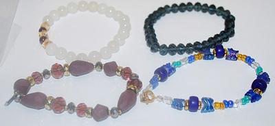 Collection of 4 BRACELETS -3 ELASTIC White, Black & Purple (2½" to 3½" Opening) and 1 Blues (2½" Opening) with Lobster...