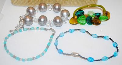 Collection of 4 BRACELETS (1¾" to 3" Opening) with Gray Globes, Colored Glass and Blue Beads