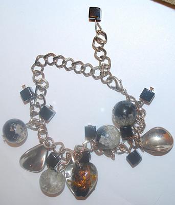 Crackled Globes, "Silver Spoons" and Sparkly Rust Heart BRACELET (3" Opening) with Black Cube Accents on Looped Chain and...