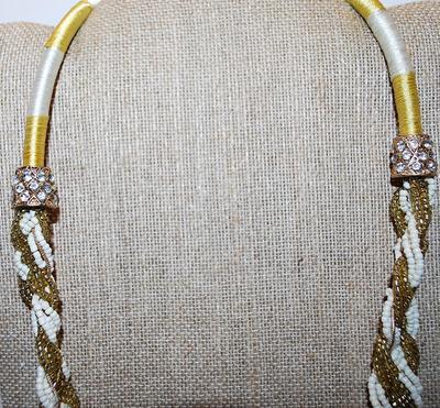 Vintage Heavily Gold & White Beaded and Intertwined NECKLACE - Marked "1946" with Bejeweled Caps and Rope Style Upper &...