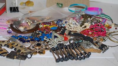 Jewelry Making/Crafts Assortment of Stones, Brooches, Etc.-- for Repair, Replacements or Repurpose Includes: Beads, Brooches, Earrings,...