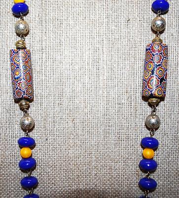 Blue & Yellow Beaded NECKLACE with 3 Large Multi-Color Flower-Designed Cylinders & Gold Colored Globe Accents 28" L