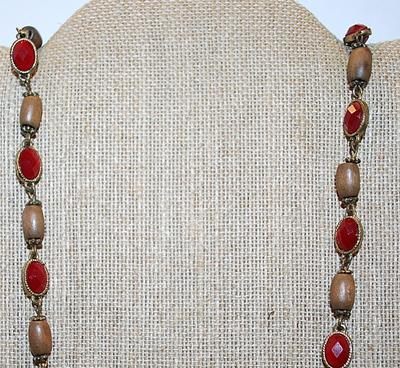 Oval Bright RED Beveled Beads Wrap-Around NECKLACE Intertwined with Wooden Beads and a Lobster Clasp 30" L
