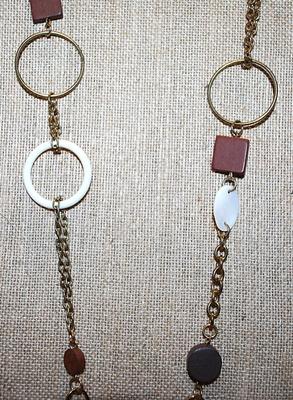 White, Brown & Gold Colored LOOPS, OVALS & SQUARES Wrap-Around NECKLACE with Lobster Clasp and Gold Tone Chain 38" L