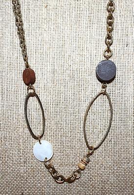 White, Brown & Gold Colored LOOPS, OVALS & SQUARES Wrap-Around NECKLACE with Lobster Clasp and Gold Tone Chain 38" L