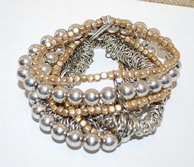 Unique Silver & Gold Tone BRACELET (2¾" Opening) with 7 Rows of Globes, Squares and Clustered Loop Designs & NO Clasp