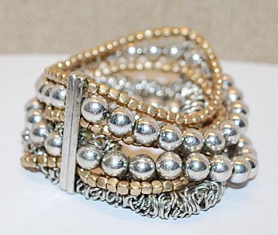 Unique Silver & Gold Tone BRACELET (2¾" Opening) with 7 Rows of Globes, Squares and Clustered Loop Designs & NO Clasp