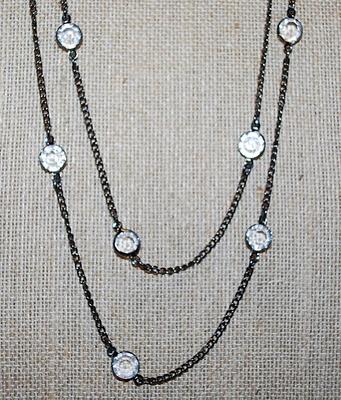Very Long WRAP-AROUND NECKLACE with 2-Sided Beveled Clear Stone Accents and Lobster Clasp on a Black Necklace Chain 60" L