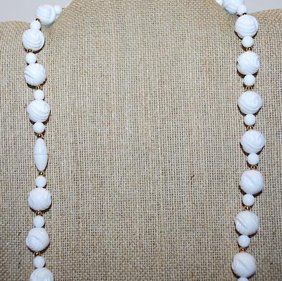 White Plastic Beaded NECKLACE with Small Gold Colored Globe Dividers 26" L