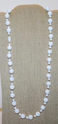 White Plastic Beaded NECKLACE with Small Gold Colored Globe Dividers 26" L