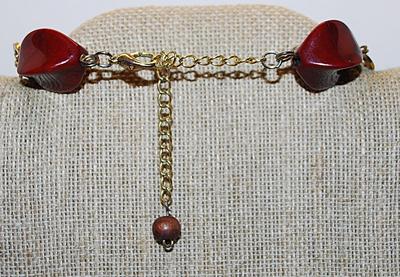 Chunky Deep Red BEADED NECKLACE with Oval Wood Accents and Gold Tone Circles with Lobster Clasp 24" L