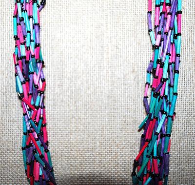 Green, Red & Purple "TUBE STYLE BEADED" NECKLACE with Black Globes Neck Beads & Curved Hook Clasp 26" L