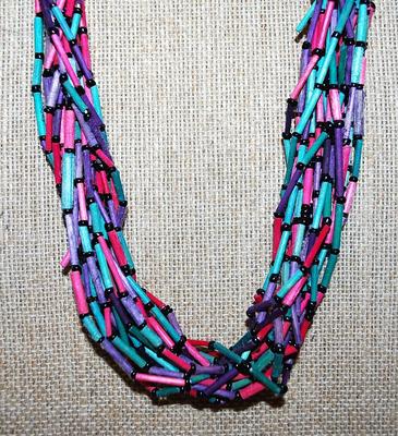 Green, Red & Purple "TUBE STYLE BEADED" NECKLACE with Black Globes Neck Beads & Curved Hook Clasp 26" L