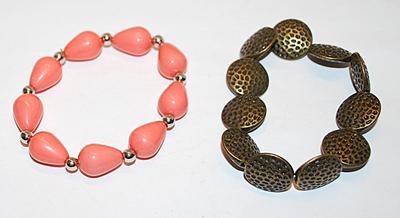 Collection of 2 Elastic BRACELETS (2" Opening) with Pink Teardrops and Metal Dippled Pods