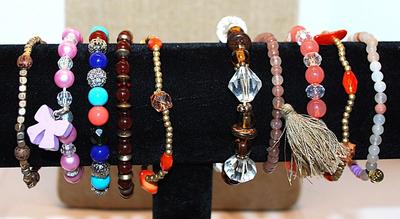Collection of 10 Elastic BRACELETS with Various Colors & Beads (2" - 3" Opening)