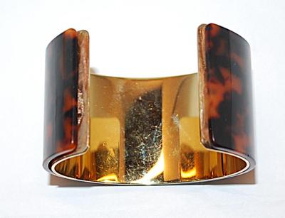Dark "Tortoise Shell" Color CUFF BRACELET (2¼" Opening) with Large Letter "H" Accent and Gold Tone Shiny Inside