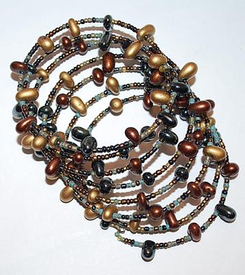 One Piece Wired WRAP-AROUND BRACELET (2¼" Opening) with 7 "Rings" of MOVEABLE Brown, Gold & Black Beads