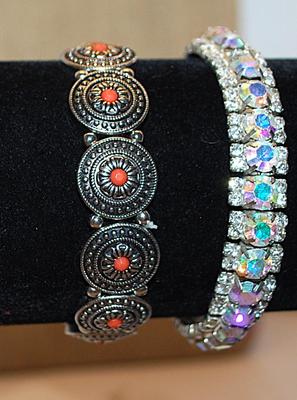 Collection of 2 Elastic BRACELETS (2"+ Opening) with Silver Colored Disks & Orange Centers and Infinity Iridescent Stones (1...