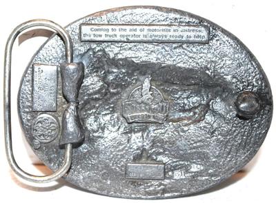 "Tow Truck Towing" Belt Buckle Sishiyou Co. ©1990 Oval 3" x 2½"