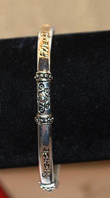 Silver Tone Elastic "FRIENDS" BRACELET (2¼" Opening) - Marked "FRIENDS" ON 4 Segments + Graphic Designs on the...