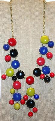 Fun Vintage Colorful NECKLACE with Red, Blue, Yellow & Black Globes and Disks & Lobster Clasp 26" L