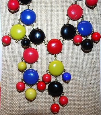 Fun Vintage Colorful NECKLACE with Red, Blue, Yellow & Black Globes and Disks & Lobster Clasp 26" L