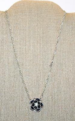 Black Beveled Beaded FLOWER NECKLACE with Silver Tone Edges on a Silver Tone Necklace Chain and Lobster Clasp 17" L