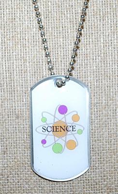 "SCIENCE" NAME TAG NECKLACE on Beaded Silver Tone Chain 23" L