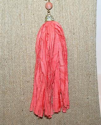Wild + Odd Bejeweled Pink Cloth Strips Long NECKLACE with Glittery Covered Globes Necklace Chain and Lobster Clasp 30" L