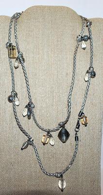 Silver Colored WRAP-AROUND NECKLACE with Twisted and Knotted Cord and Various Shaped Beads + Lobster Clasp 42" L