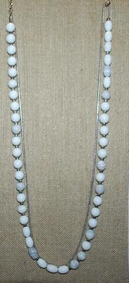 Marked "lo" - WRAP-AROUND NECKLACE with White Striped Beads and Thin Silver Tone Rope Strand Accent Chain 44" L