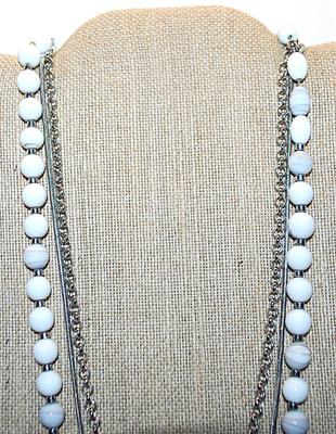 Marked "lo" - WRAP-AROUND NECKLACE with White Striped Beads and Thin Silver Tone Rope Strand Accent Chain 44" L