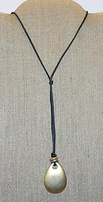Simple Gold Colored TEARDROP PENDANT/NECKLACE with Black Cord Necklace "Chain" and Knotted "Clasp" 32" L