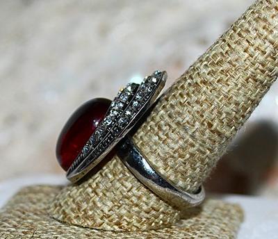 Size 10 Large Bright Red Party RING with Oval Clear Glass Stone and Bejeweled Layered Surrounds on a Silver Tone Setting (11.2g)