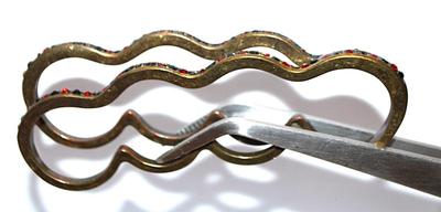 Size 3" x ¾" Four Fingered "KNUCKLE BUSTER" RINGS - Pair with Red & Black Stones on a "Brass" Style...