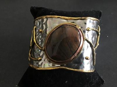 Stone Cuff Bracelet Silver Tone Raised Gold Tone