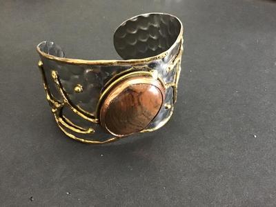 Stone Cuff Bracelet Silver Tone Raised Gold Tone