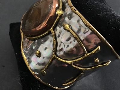 Stone Cuff Bracelet Silver Tone Raised Gold Tone