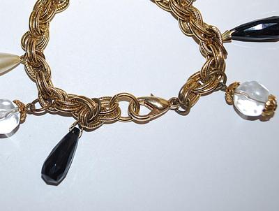 Double Looped CHAIN LINKS BRACELET (2¼" Opening) with Black Prism Beads and Clear/Pearl Style Accent Beads + Lobster Clasp