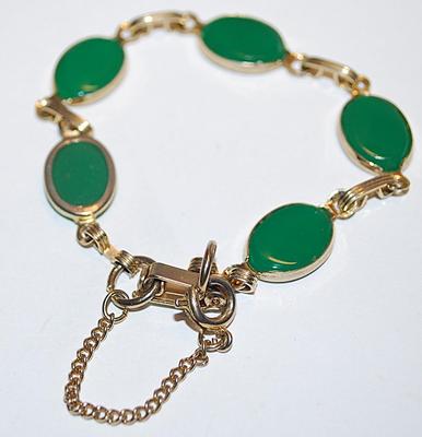 Green Enamel Ovals BRACELET (2" Opening) with SNAP Clasp + LOCKING SAFETY CHAIN