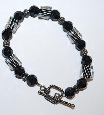Black Striped Beads RETRO STYLE BRACELET (2¼" Opening) with Silver Tone + Black Prism Bead Accents and Toggle Clasp