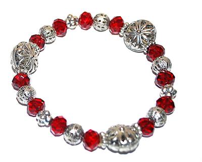 Cranberry RED PRISM Beads BRACELET (2¼" Opening) with an Assortment of Metal Bead Accents