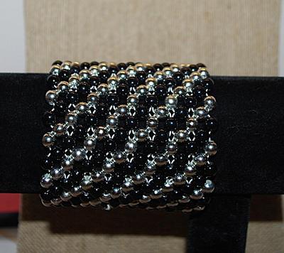 Large BLACK & SILVER BEADED Elastic BRACELET (2¾" Opening) with 3 Half Globe CLOSURE BEADS AND LOOPS
