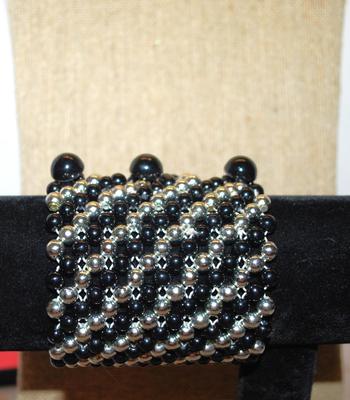 Large BLACK & SILVER BEADED Elastic BRACELET (2¾" Opening) with 3 Half Globe CLOSURE BEADS AND LOOPS